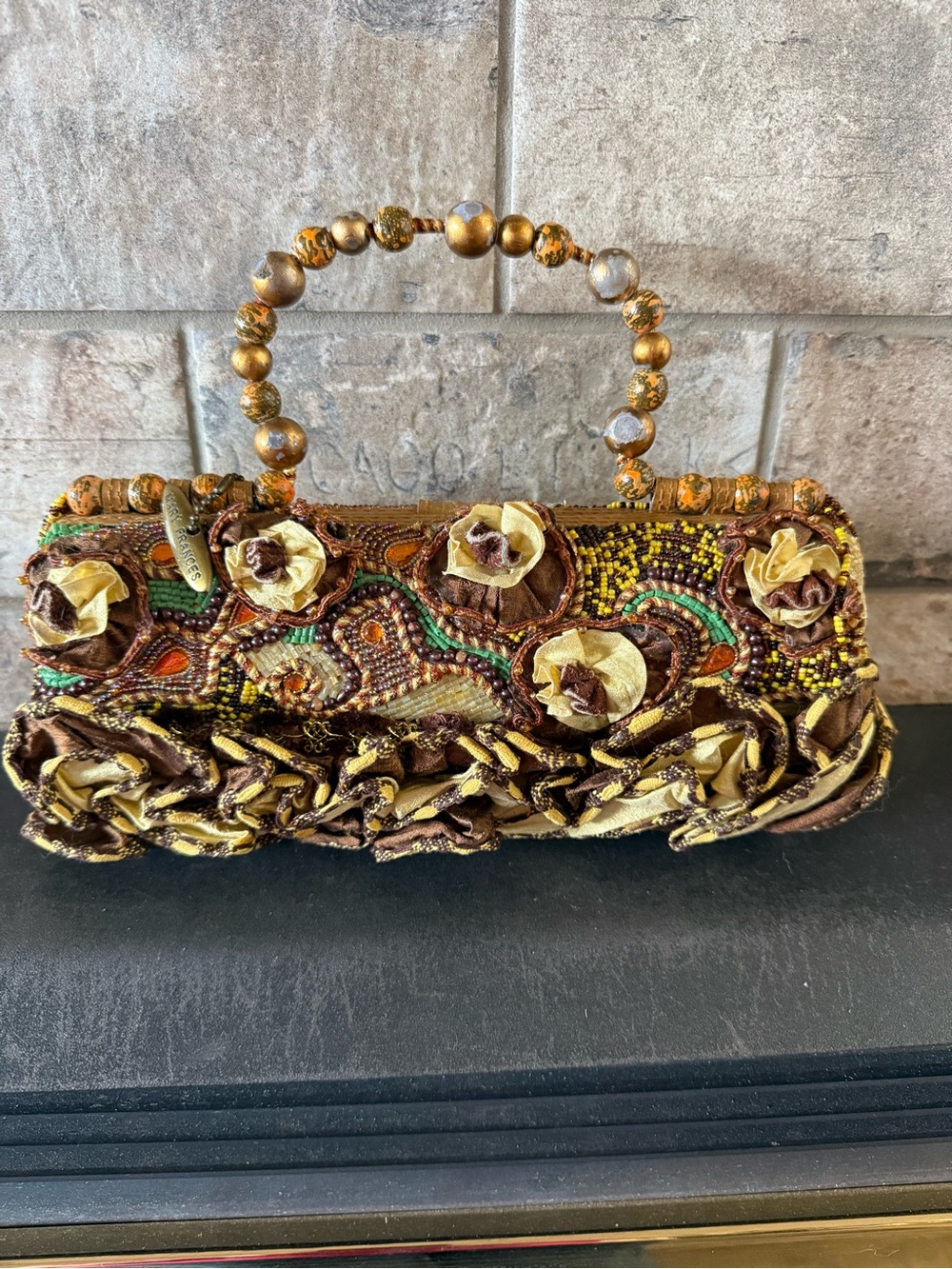 Mary Francis Embellished Brown & Gold Beaded Floral Evening Bag